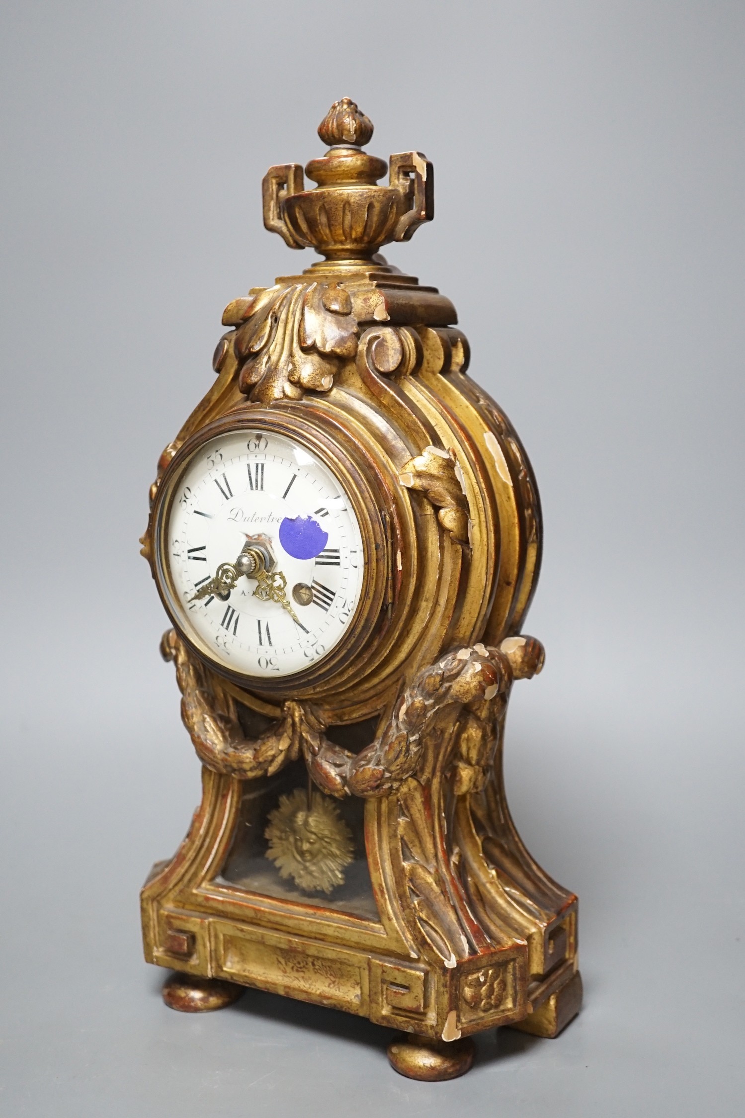 A 19th century French giltwood mantel timepiece with later electric movement, 39cm